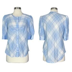 Veronica Beard | Plaid Print Blue White Semi Sheer Short Sleeve Button Blouse M